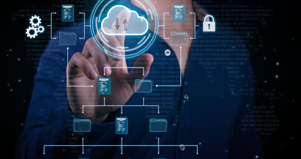 Cloud hosting concept with folders, security, and file transfer icons.