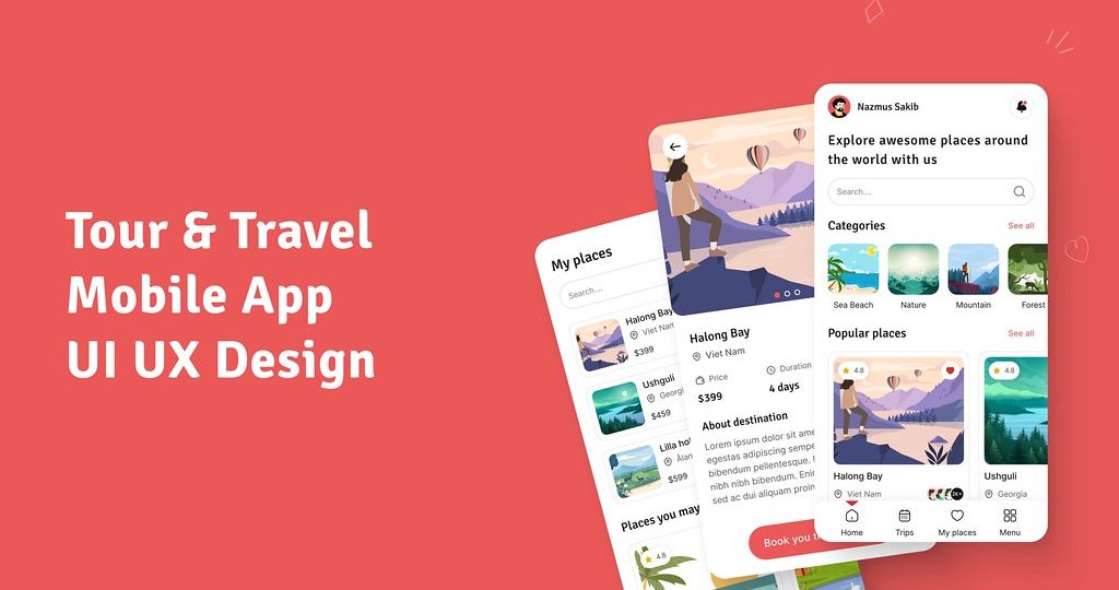 Modern mobile app UI design screens in a clean presentation layout.